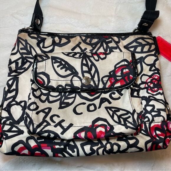 Coach Satin Poppy Black White Red Shoulder Crossbody Bag Adjustable Straps - Picture 13 of 13